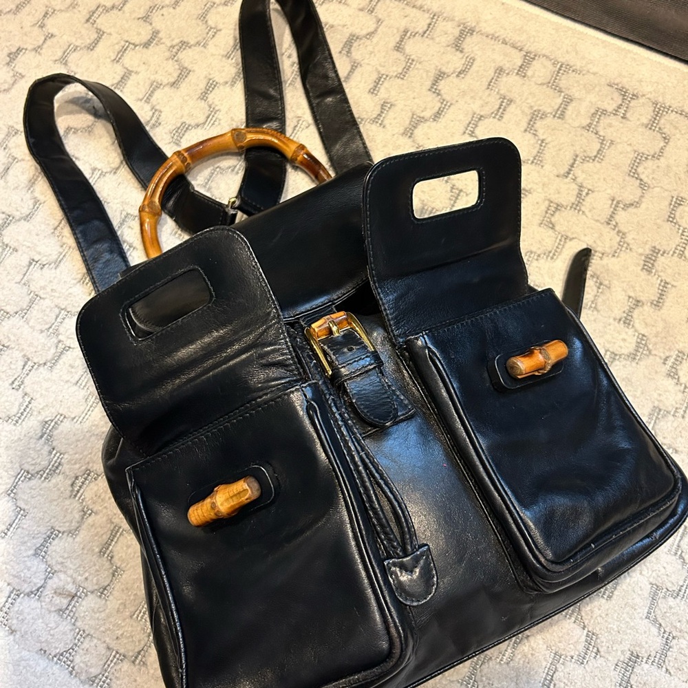 Gucci Black Leather Bamboo-Trim Backpack - Picture 6 of 9